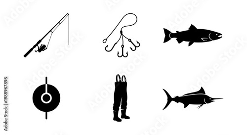 Fishing icons set, black silhouette fishing tackle, 6 vector elements for angling hobby