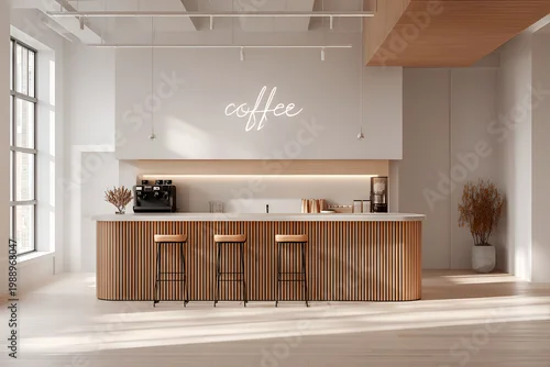 Obraz Modern, minimalist cafe interior, featuring a light wood bar with stools, natural light, and a 