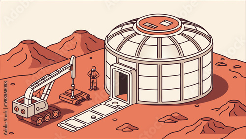 A cartoon of a space station with a small robot and a small robot