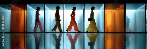 Silhouetted figures walking in a row through a modern corridor with colorful lighting and reflective floor creating a dynamic atmosphere