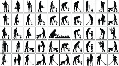 Big collection of black vector gardening silhouettes including men women and children planting watering and landscaping isolated on white background for outdoor graphic design