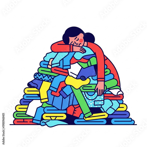 Overwhelmed by a massive pile of laundry, a woman slumps over the clothes, symbolizing exhaustion and the never-ending chore of domestic tasks