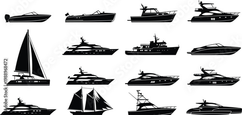 Big collection of detailed black vector boat and ship silhouettes including luxury yachts sailboats and speedboats isolated on white background for marine graphic design