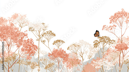 watercolor botanical butterfly and flowers texture template background.Elegant wedding invitation card background . Minimal hand painted Design for wedding or Valentine's Day