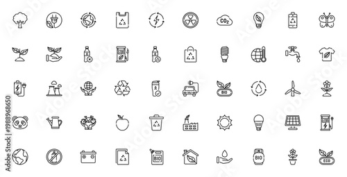 Ecology icon set. Vector symbols for green energy, recycling, sustainability, eco-friendly living, solar panels, electric cars, and environmental conservation.