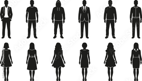 Big collection of twelve detailed black vector human silhouettes including standing men and women in business and casual attire isolated on white background