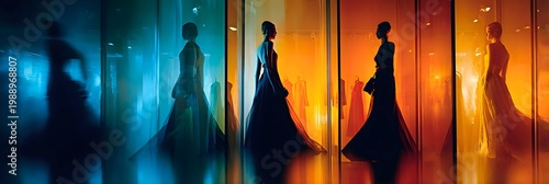 Silhouetted women in long dresses standing in a row against colorful vertical panels with dramatic lighting and misty atmosphere