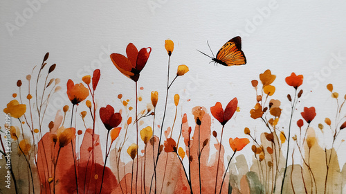 watercolor botanical butterfly and flowers texture template background.Elegant wedding invitation card background . Minimal hand painted Design for wedding or Valentine's Day