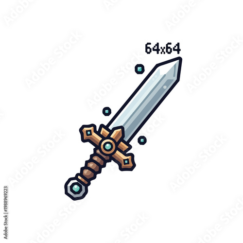 This is a 64x64 pixel art style vector illustration of a fantasy sword with a golden hilt and a shimmering silver blade against a white background.