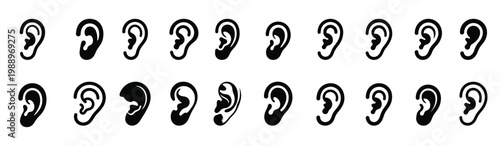 Human Ear Anatomy Hearing Symbols Collection Black Silhouette Vector Illustration