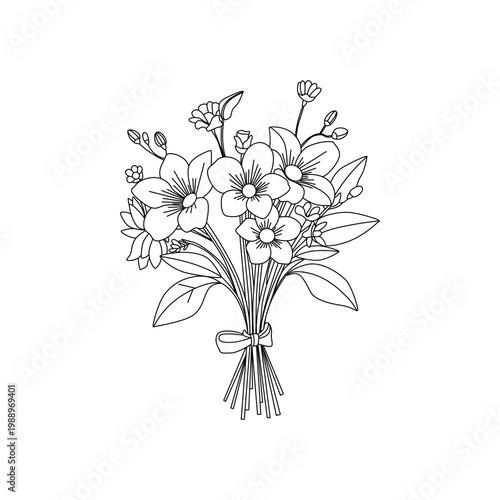 A beautiful spring bouquet of colorful wild flowers with green leaves and a delicate tied stem 