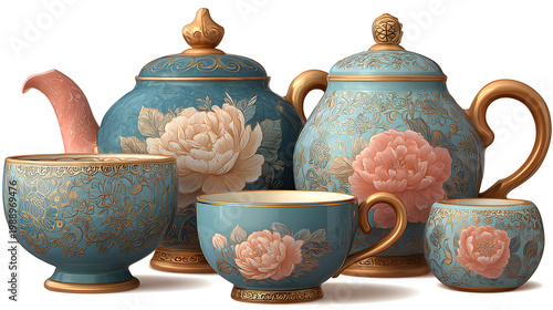Exquisite Tea Set: Capturing the elegance of a classic tea service, the ornate porcelain tea set features delicate floral motifs and luxurious gold accents.