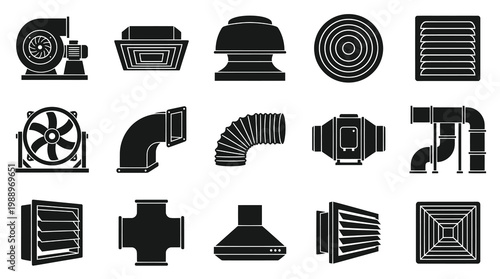HVAC Ventilation System Black Glyph Icons Set - Air Conditioning Fans, Ducts  Vents