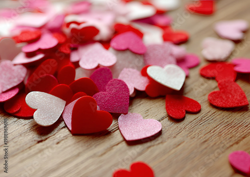 A close-up shot of scattered paper hearts in shades of red, pink, and white atop a textured, wooden surface