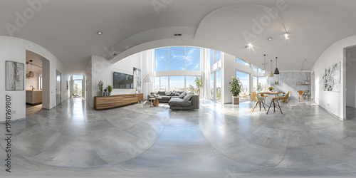 A bright, spacious interior with large windows showcasing a blue sky and modern furnishings. Features a living area, dining set, and hallway