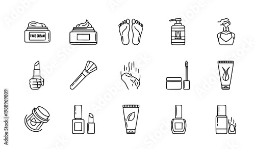 Beauty and cosmetic outline icon set cream pedicure hair treatment makeup vector isolated on white background
