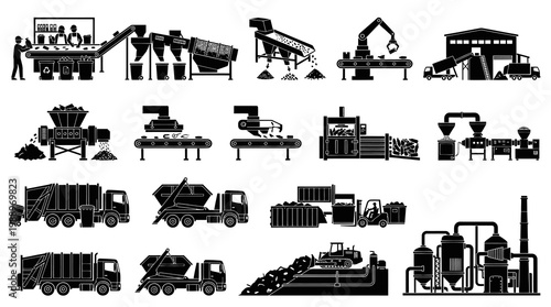 Recycling Plant Icons: Waste Processing, Trucks, and Machinery Set