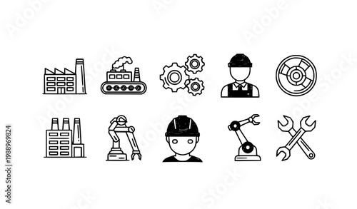 Modern engineering outline icon set industrial production factory tools vector collection isolated on white background