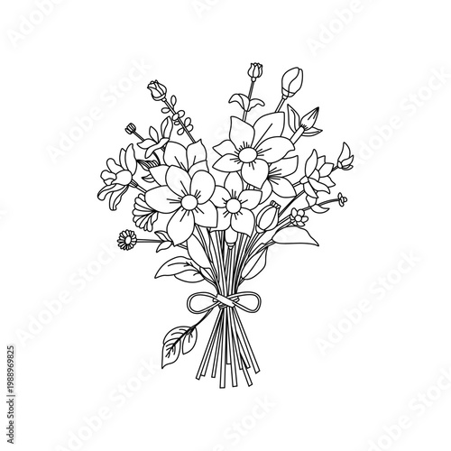A beautiful spring bouquet of colorful wild flowers with green leaves and a delicate tied stem 