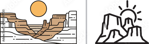 Minimalist desert canyon and mesa vector illustration set featuring grand canyon and monument valley landscape icons