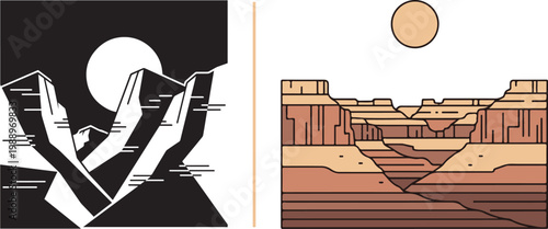 Minimalist canyon and mountain landscape vector illustrations featuring high contrast black and white and flat design earth tone styles for outdoor adventure branding