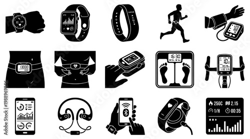 Health Fitness Wearable Technology Glyph Icons - Digital Monitoring Devices Vector Set