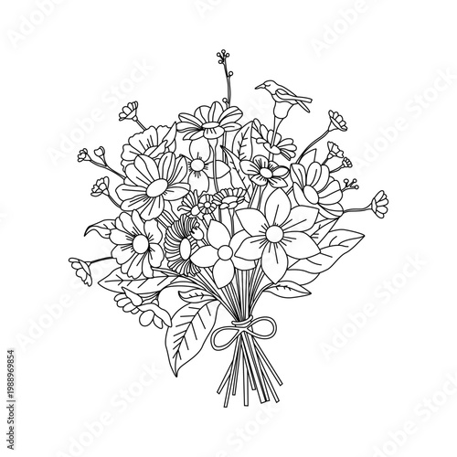 A beautiful spring bouquet of colorful wild flowers with green leaves and a delicate tied stem 