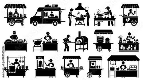 Black and White Vector Icons of Food Trucks and Street Food Carts