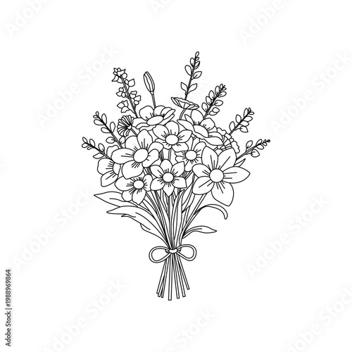 A beautiful spring bouquet of colorful wild flowers with green leaves and a delicate tied stem 