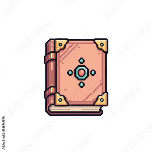 A pixel art style illustration of a magical pink tome with golden corner protectors and a central gemstone emblem on a white background.