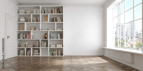 A bright interior showcases a bookshelf filled with books, a large window revealing an urban vista, and wooden flooring. The space is minimalist and inviting