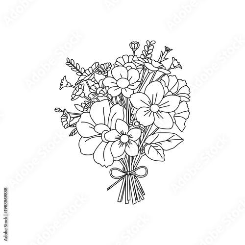 A beautiful spring bouquet of colorful wild flowers with green leaves and a delicate tied stem 