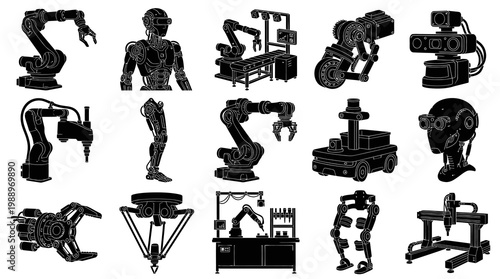 Industrial Robotics and Automation Technology Black and White Glyph Icons Collection