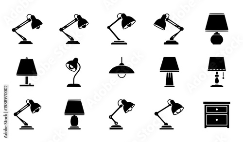 Desk and Table Lamp Silhouette Icon Set Featuring Modern Lighting Fixtures, Adjustable Office Lamps, and Home Decor Elements for Interior and Graphic Design Use