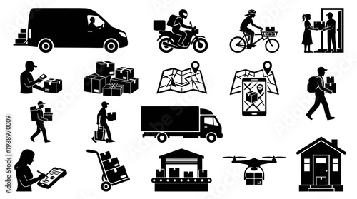 Logistics, Delivery  E-commerce Service Icons Set - Black  White Solid Glyph Vectors