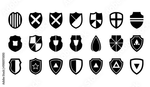Shield Protection Icon Set Featuring Security Badges, Heraldic Emblems, Safety Symbols, and Defense Signs for Cybersecurity, Insurance, Military, and Branding Design Use