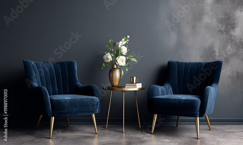 Two plush, blue armchairs face a small, round table holding a floral arrangement. The setting features a textured dark wall