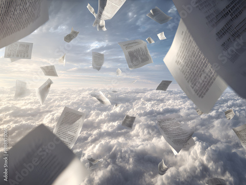 View upward through fluffy white clouds with scattered pages of printed text drifting amidst them. The sky is partially visible