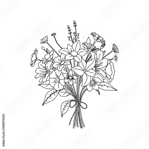 A beautiful spring bouquet of colorful wild flowers with green leaves and a delicate tied stem