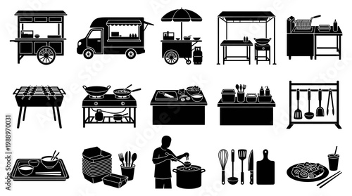 Street Food and Kitchen Cooking Elements Glyph Icons Set - Culinary Service Equipment  Tools Silhouettes