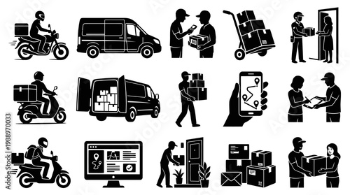 Delivery Service Icons: Courier, Van, Scooter, Package, Tracking - Glyph Art
