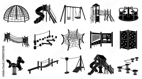 Children Playground Equipment Icons Set. Black  White Outline Glyphs