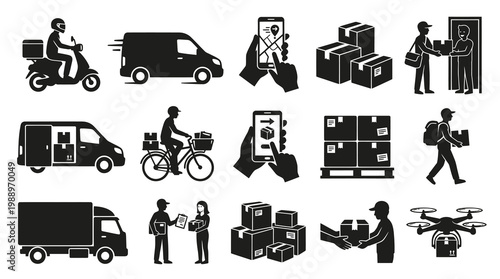 Black  White Delivery Logistics Service Glyph Icons: Courier, Parcel, Shipping  Tracking