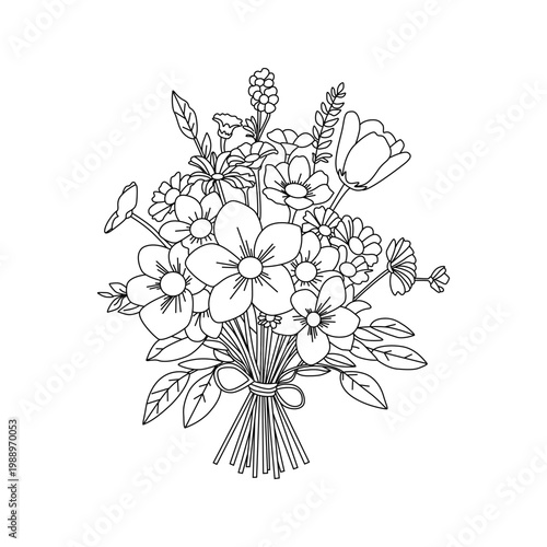 A beautiful spring bouquet of colorful wild flowers with green leaves and a delicate tied stem