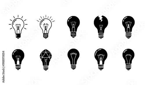 Light Bulb Icon Set with Idea, Innovation and Broken Bulb Variations for Creative Thinking Design, Electricity Concepts and Technology Illustration