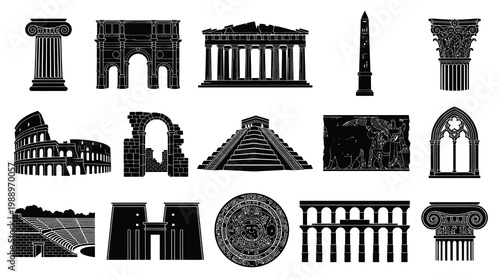 Ancient Historical Architecture Black  White Silhouette Glyphs Icon Set