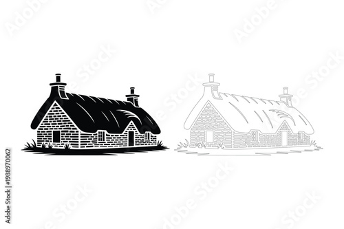 Traditional thatched roof cottage house silhouettes vector illustration