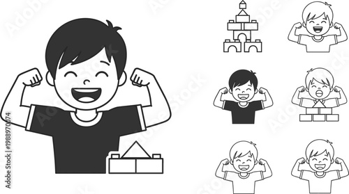 Cuadro en lienzo Child cartoon vector icons showing strength, confidence, play, building blocks,