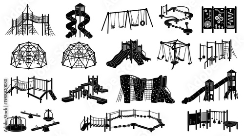 Black and White Line Art Playground Equipment Set Vector