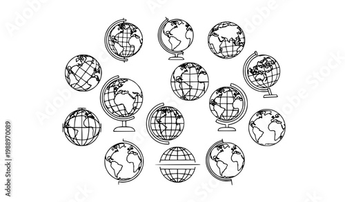 Globe Icon Circular Composition with Earth Map Variations for Global Design, Geography Illustration, Worldwide Concepts and Planet Symbols